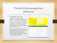 Visualis Electromagnetism(Software)• To digitally render the optimized shape for the S.H.O. coils, I used Microsoft Excel to overlay an XY plot chart over a scan of a desired model for the S Curve and adjusted the X and Y values to match the curve.• Then using Excel Functions, I produced the code for a•.viz file which I imported into Visualis Electromagnetism (from visualis-physics.com).